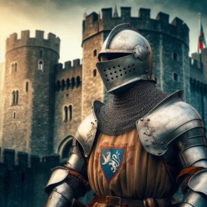 A medieval knight in steel armor standing before Cardiff Castle, representing the legendary Sir Geoffrey de Montfort