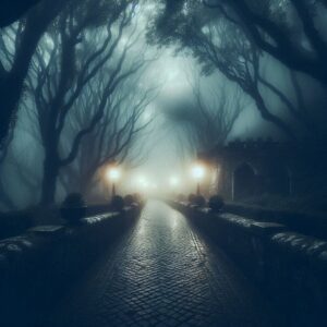 A foggy, dimly lit pathway at Cardiff Castle, evoking the eerie atmosphere of the haunted coach legend.