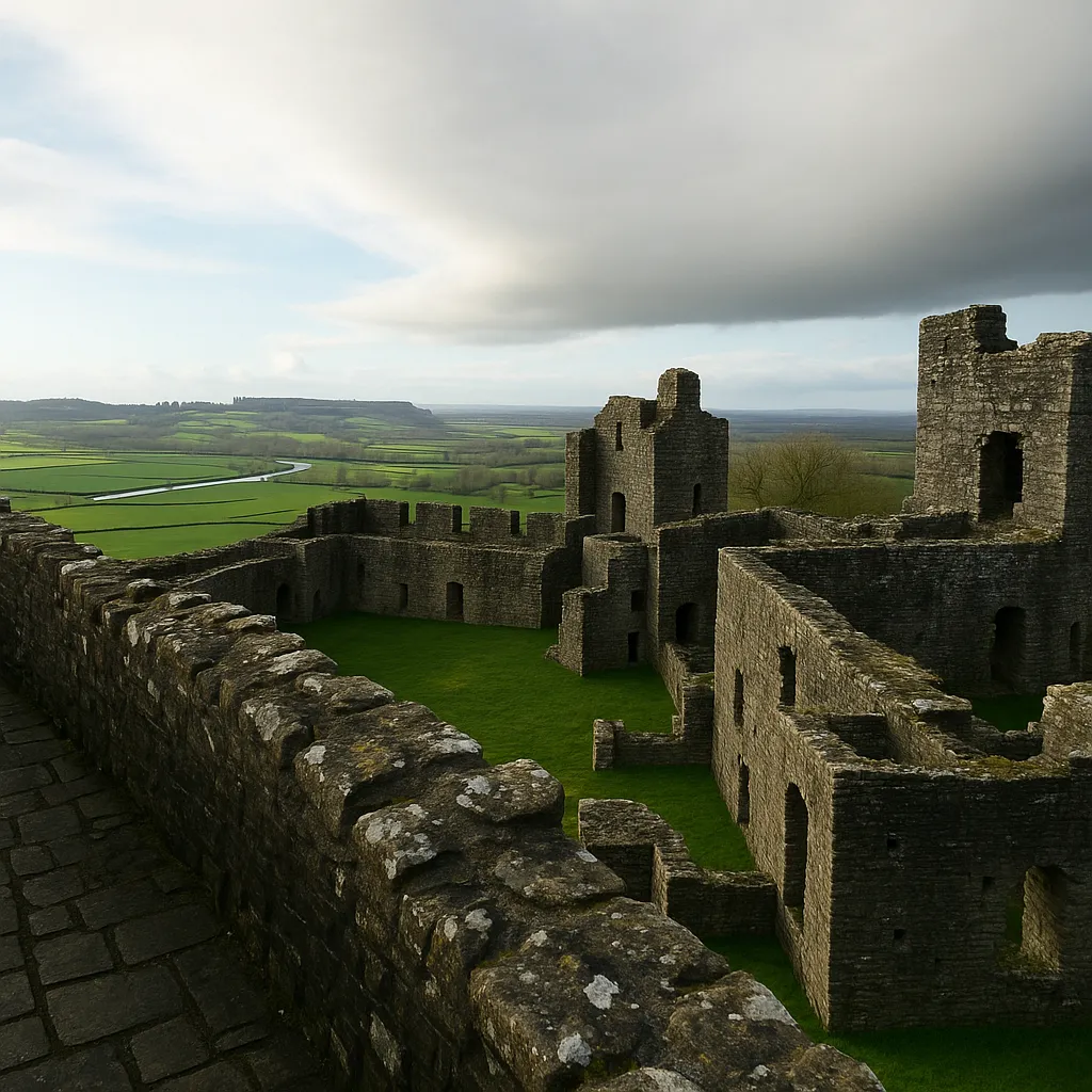 Aerial view of the stone ruins of Dinefwr Castle surrounded by green fields and hills in Carmarthenshire, Wales.