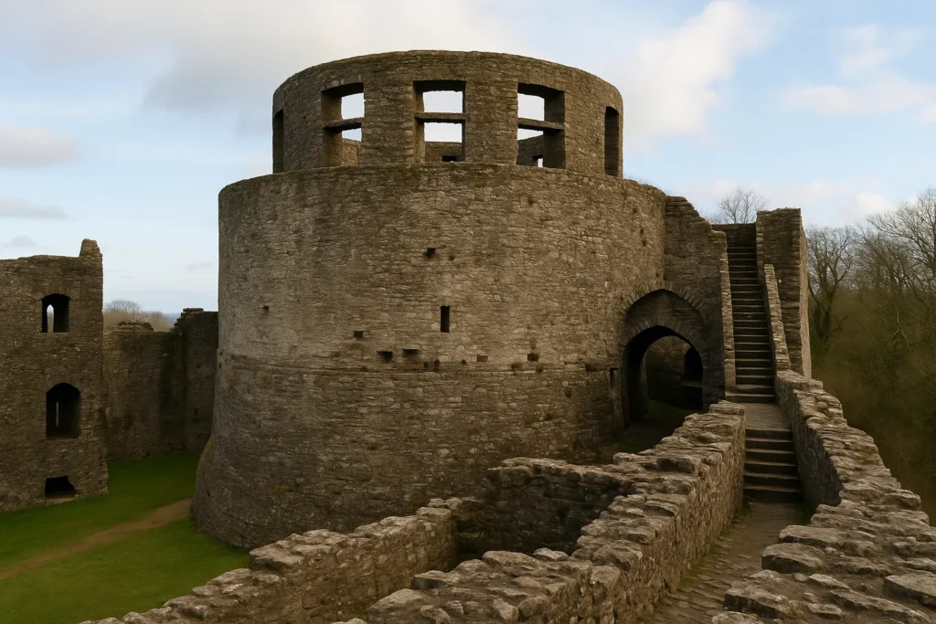 Close-up view of the large round tower at Dinefwr Castle with surrounding stone walls and stairway under a cloudy blue sky.