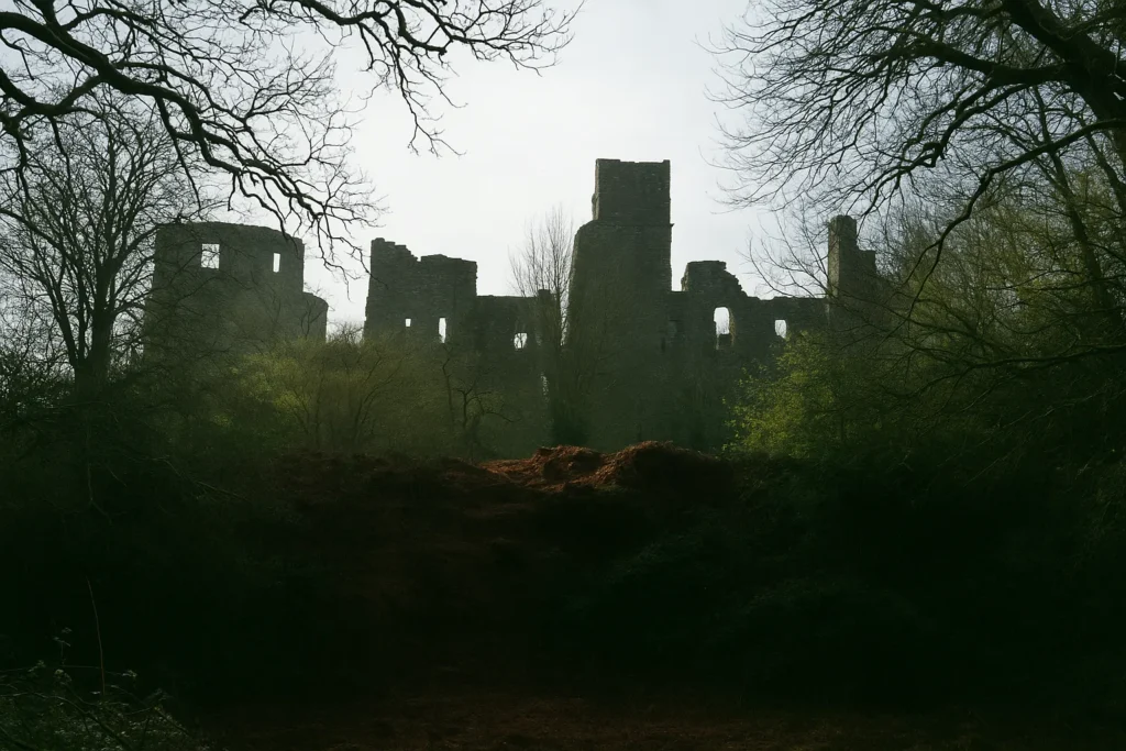 Silhouette of Dinefwr Castle ruins seen through bare tree branches with a misty sky in the background.