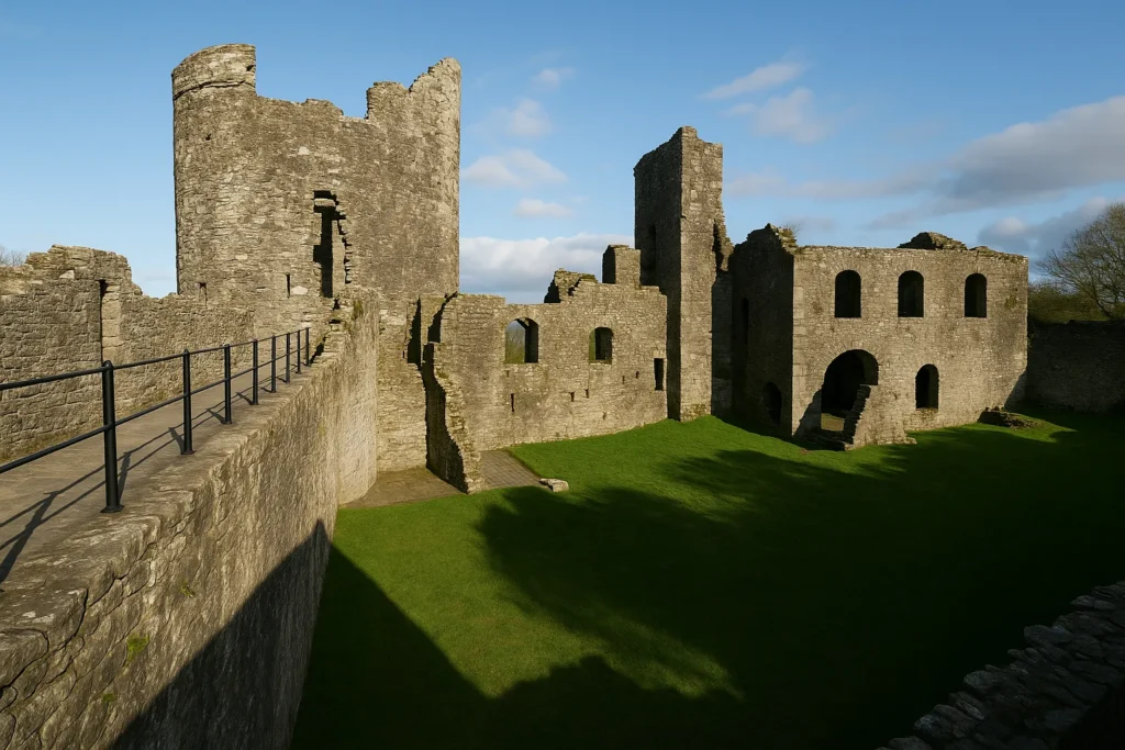 View of Dinefwr Castle’s inner courtyard with ruined stone towers and grassy floor under a clear blue sky.