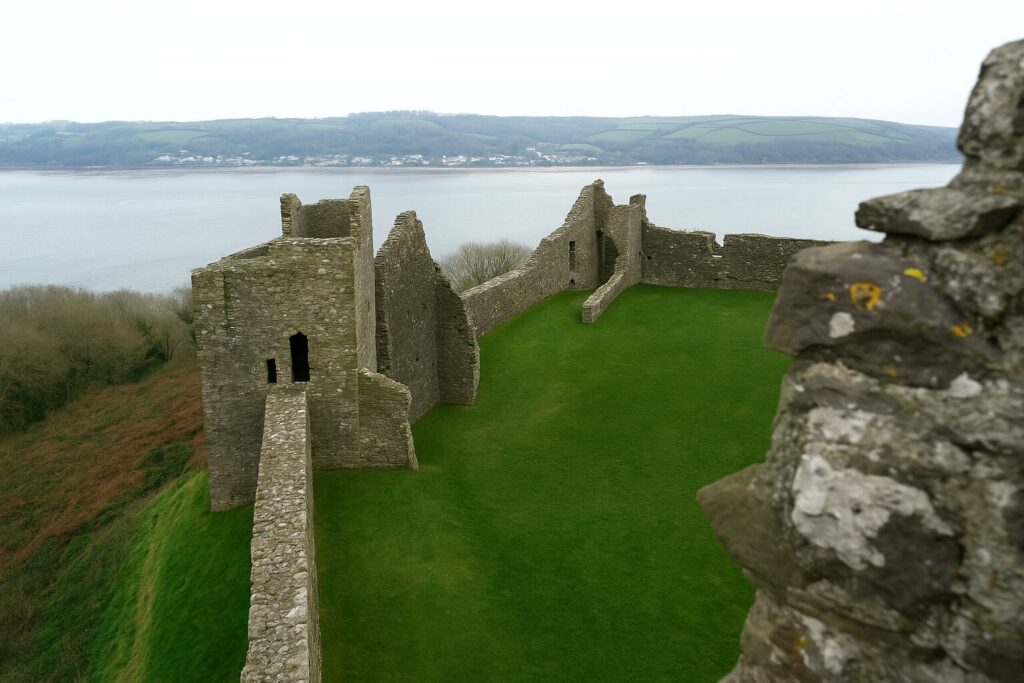 View inside Llansteffan Castle showing grassy courtyard, stone walls, and estuary in the background.