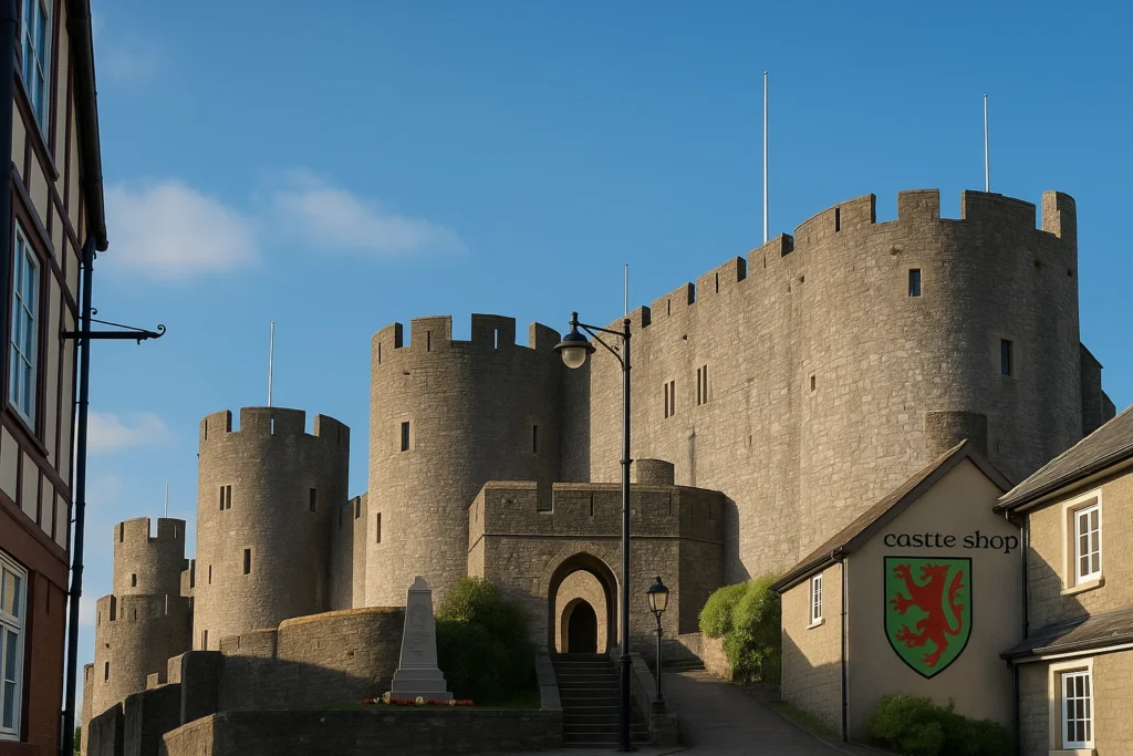 Pembroke Castle seen from the town approach, with round towers and battlements glowing in early sunlight
