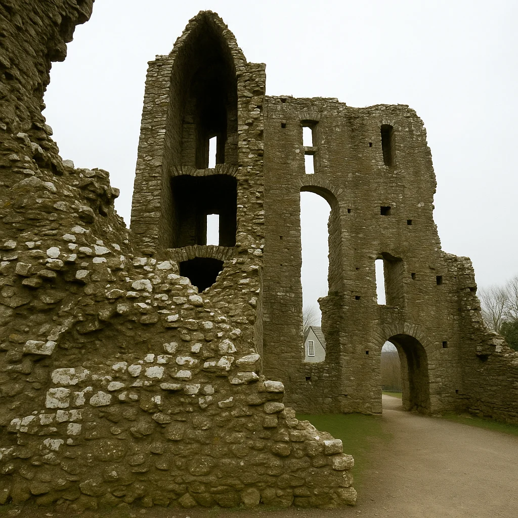 Close-up of the ruined gatehouse at Llawhaden Castle with gothic arches and weathered stone.