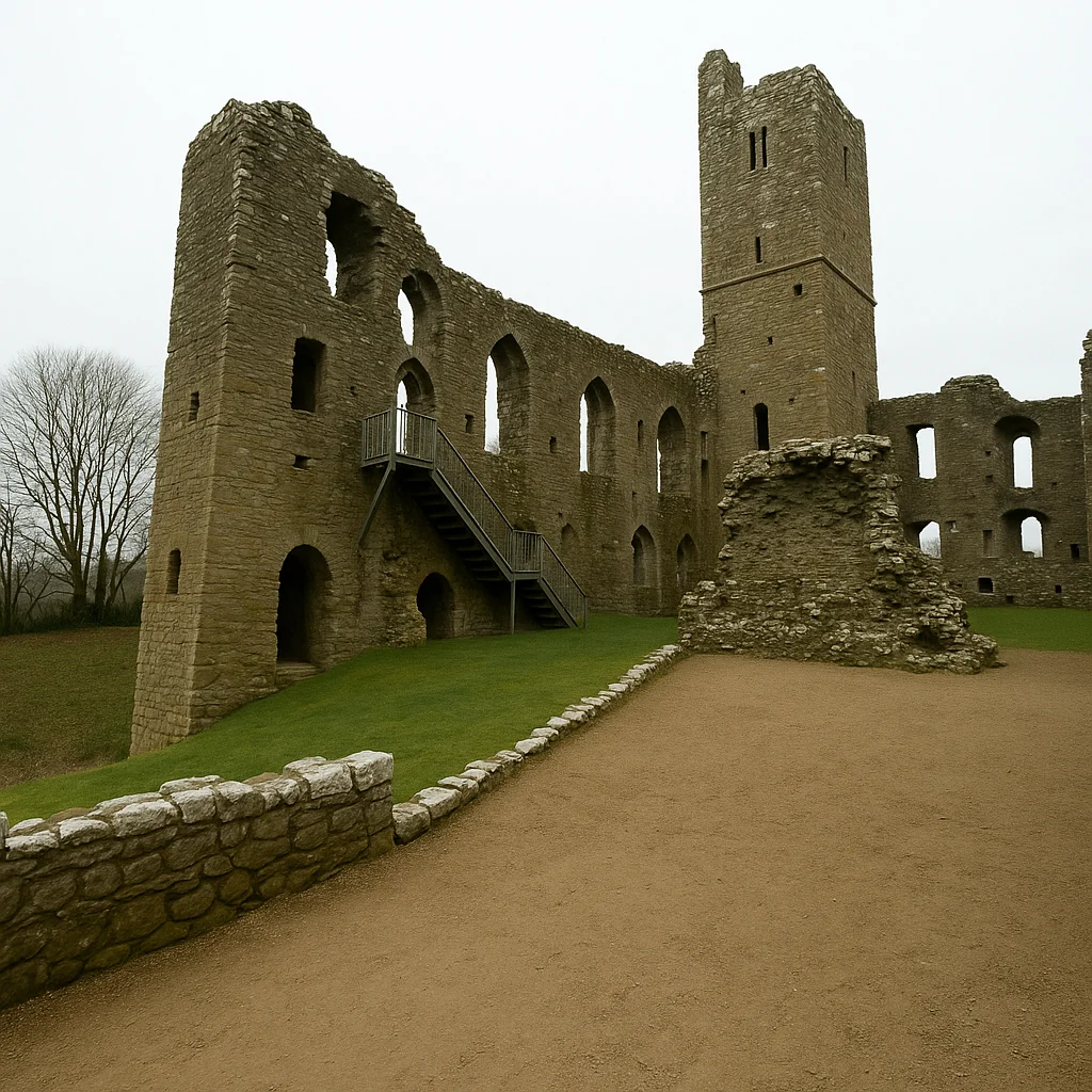 Tall stone tower and arched windowed walls of Llawhaden Castle with grass and gravel in the foreground.