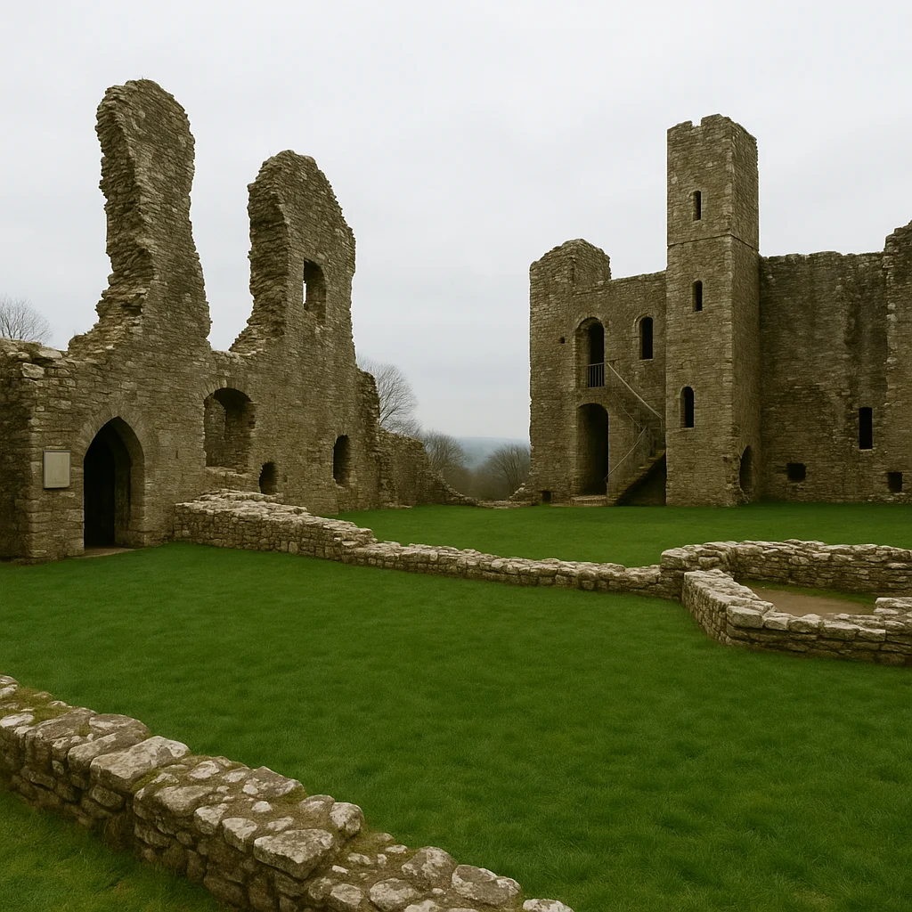Interior courtyard and ruined walls of Llawhaden Castle with green grass and broken stone structures.