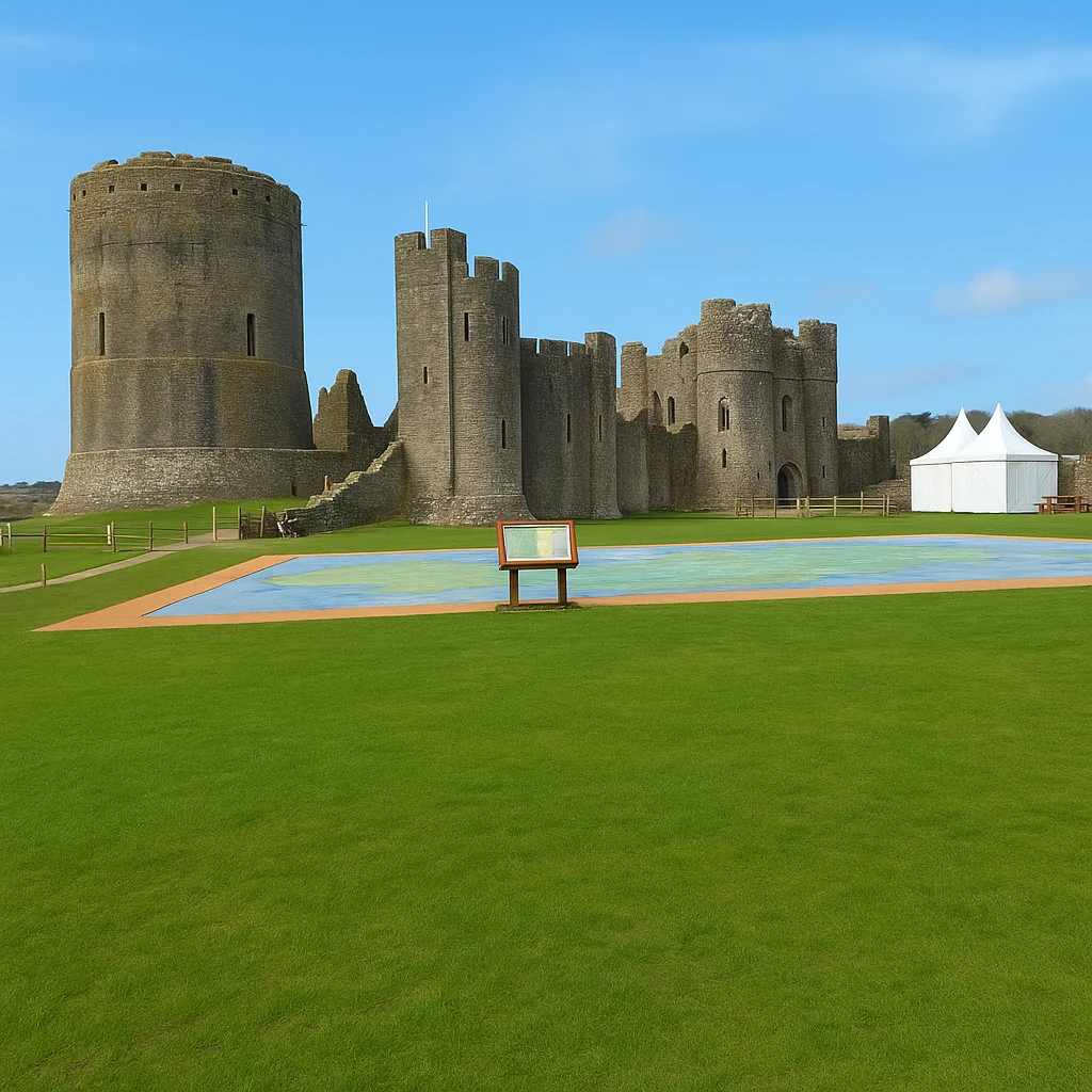 Pembroke Castle with its iconic round keep, lush green lawns, and an outdoor heritage map