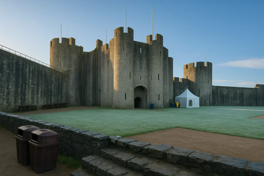 Frost-covered inner courtyard of Pembroke Castle with medieval towers under a blue sky