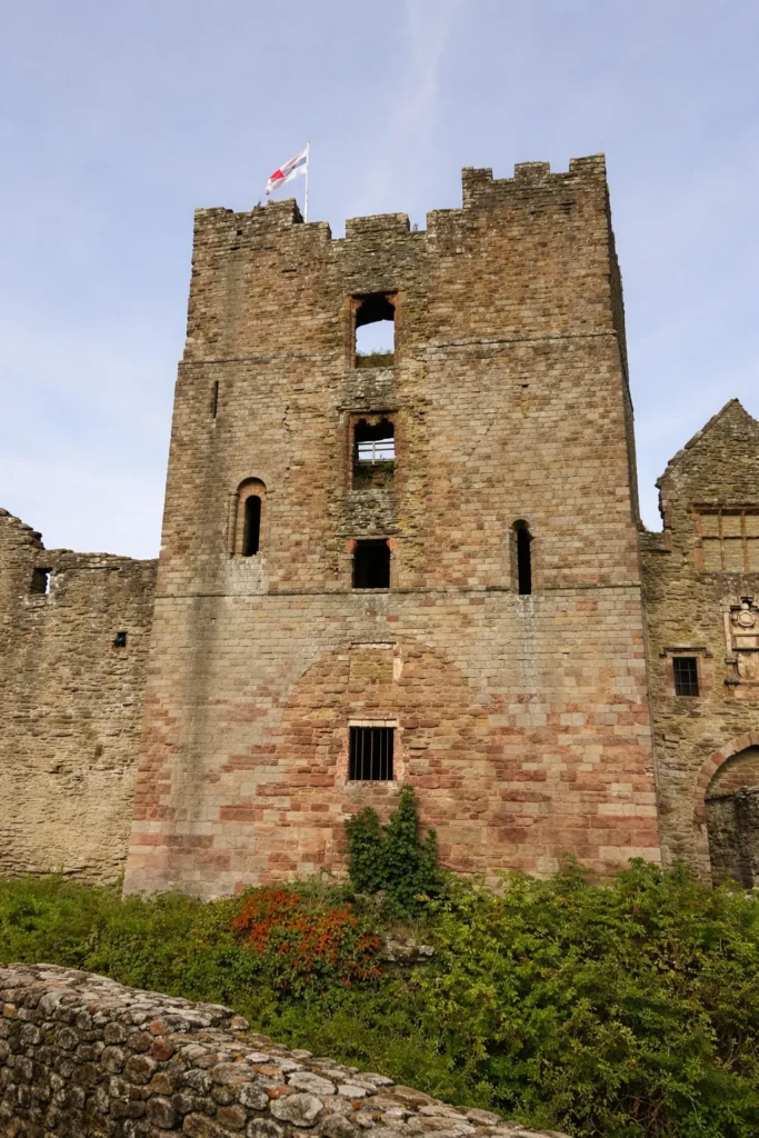 Square stone tower at Ludlow Castle showing medieval defensive architecture