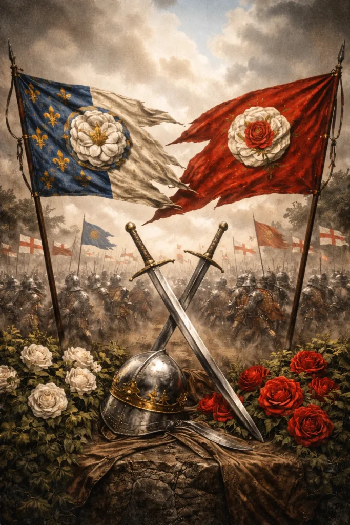 Symbols of the Wars of the Roses showing the rivalry between the House of York and the House of Lancaster