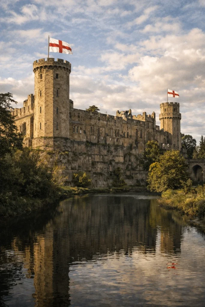 Warwick Castle with English flags flying, historic stronghold linked to Richard Neville, Earl of Warwick
